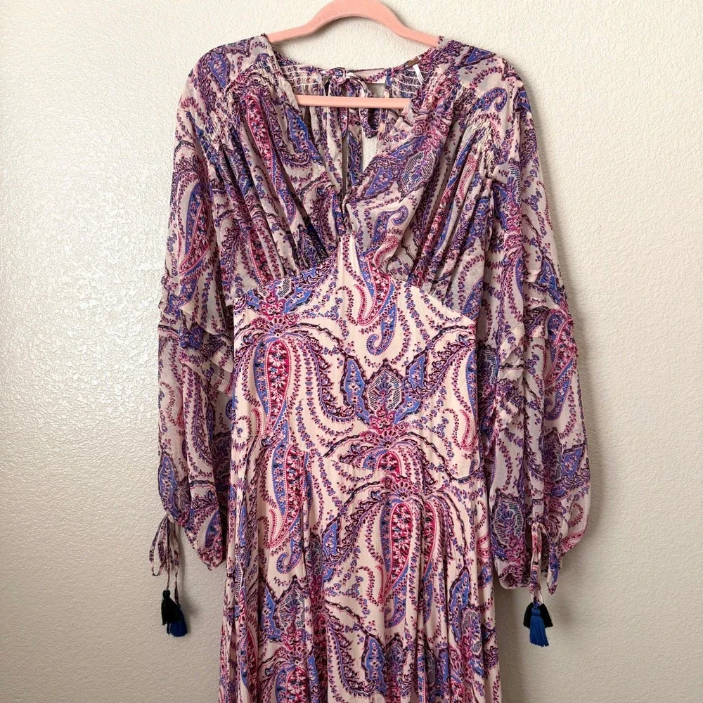 Free People Dress Size 4 Pink Purple Mirage Paisley Maxi Boho Tassel Empire